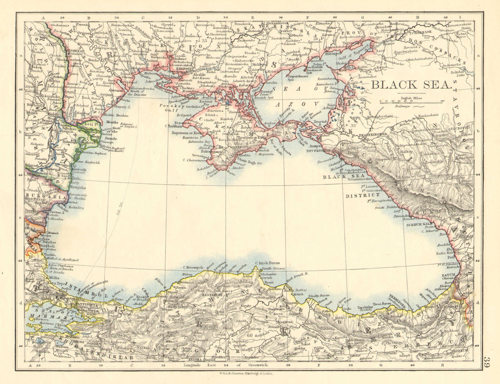 BLACK SEA. Russia Turkey Crimea Romania Bulgaria Kutais. JOHNSTON 1899 old map